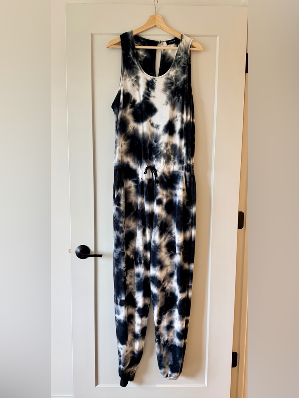 Kinesis Black and White Tie Dye Jumpsuit Large Jogger Style Drawstring Waist